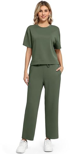 WUWUSKY 2 Piece Sets for Women Casual Tracksuit Womens Full Set Summer Short Sleeve Lounge Wear Sets for Women Round Neck Ladies Tops and Gym Activewear Bottoms with Pockets,Army Green，S