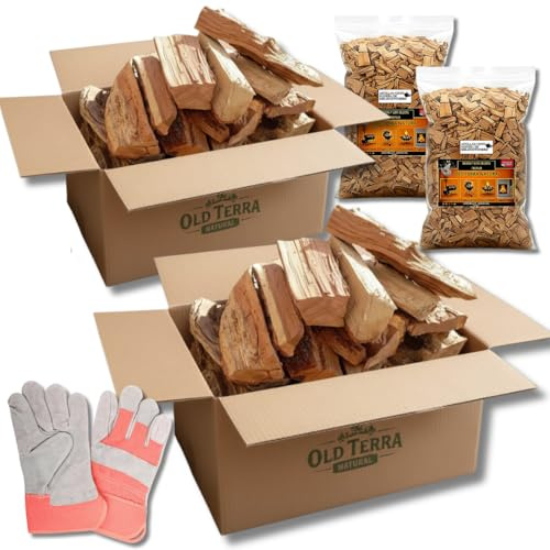 OLD TERRA NATURAL | 2 Scatole Kit Legna Premium 20kg per Camino, Barbecue e Forno per Pizza | Tronchi selezionati, 2 Schegge di Frutta e un paio di Guanti in Pelle di Qualità