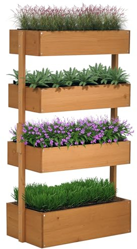 Outsunny Jardinera de Madera de 4 Niveles, Jardinera Exterior Elevada con Orificios de Drenaje y Tela no Tejida, Macetero para Cultivos, Plantas, Flores, para Terraza, Jardín, 80x45x142 cm, Naranja