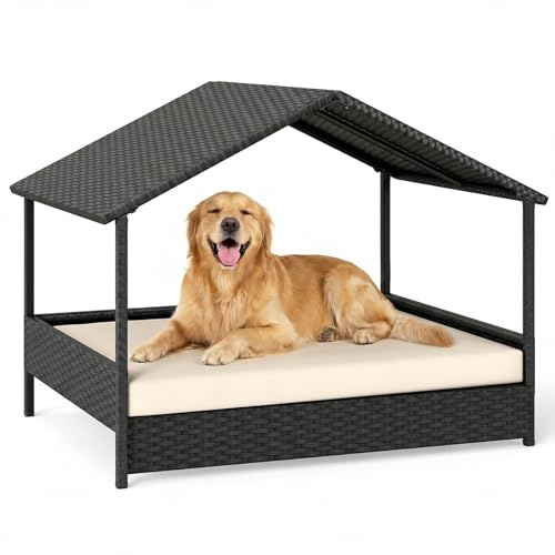 GYMAX Cama para Perro con Cojín, Caseta para Perro Exterior de Ratán PE con Techo Inclinado y Base Elevada, Ventilada e Impermeable, para Exterior e Interior, 98 x 68 x 74 CM (Beige)