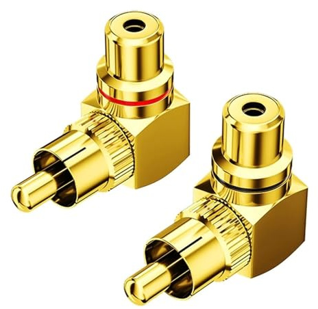 Yvxotrxnk 2 st guldpläterad mässing RCA 90 graders hane till honadapter, höger vinkel låg profil kontakt för subwoofer förstärkare TV-högtalare ljud (1 st)