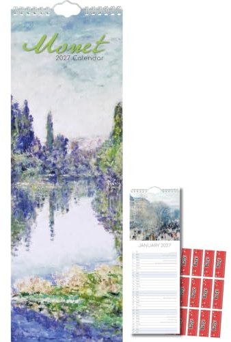 TGSC | Monet 2027 Slimline Calendar with Fine Art Prints, (Jan–Dec 2027) Planner with UK Holidays, For Home, Office, Wall Display, 42 x 15 cm