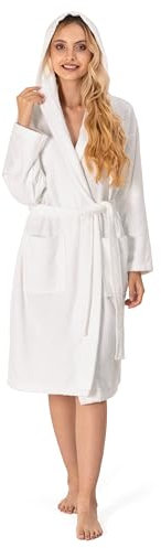 Twinzen Bademantel Damen - 100% Baumwolle (350g/m²) OEKO-TEX® Zertifiziert - Morgenmantel Damen mit Kapuze, 2 Taschen, Gürtel - Weiß - S