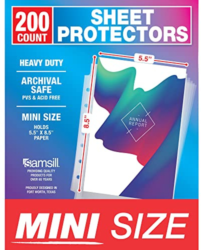 Samsill Mini Sheet Protectors 200 Pack, 5.5 x 8.5 Inch Page Protectors for Mini 3 Ring Binder, Heavy Duty, Clear Protector Sheets, 7 Hole, Top Loading, Acid Free