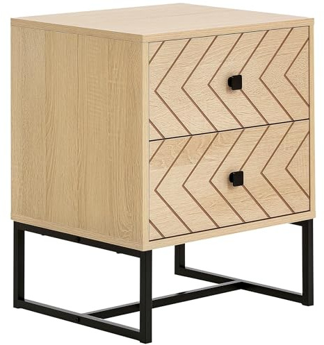 HOMCOM Table de Chevet Table de Nuit Style Graphique 48L x 39,5l x 60H cm 2 tiroirs métal Noir Panneaux Particules MDF Imitation Bois Clair