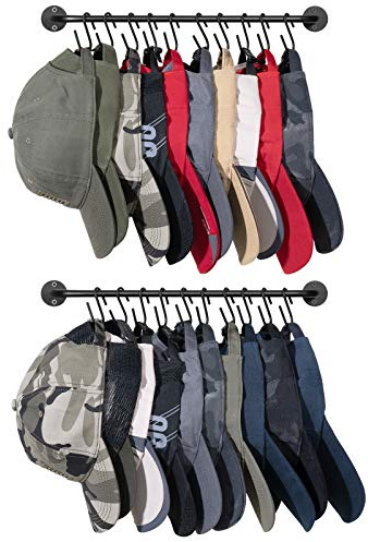 Mkono Hat Rack for Wall Baseball Cap Organizer Hanger with 20 Hooks Modern Metal Hat Holder Wall-Mounted Caps Display for Closet Door Bedroom Entryway Laundry, Set of 2,Black