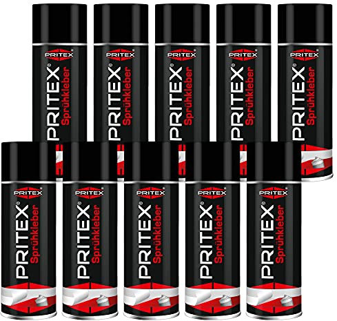 PRITEX – Sprühkleber 10x 400 ml für KFZ, Handwerk, Modellbau, DIY & Haushalt – Kleber Spray mit hoher Sofortklebekraft für Papier, Karton, Holz, Kork, Leder, Textilien, Schaumstoff, Gummi & Kunststoff