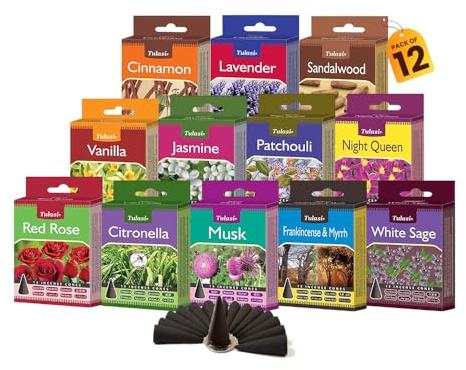 Tulasi Classic Incense Cones with Natural Oils Scents, Set of 12 Fragrances (180 Cones) Calming Home Aromatherapy, Meditation, Relaxing, Mixed Scents with Natural Oils