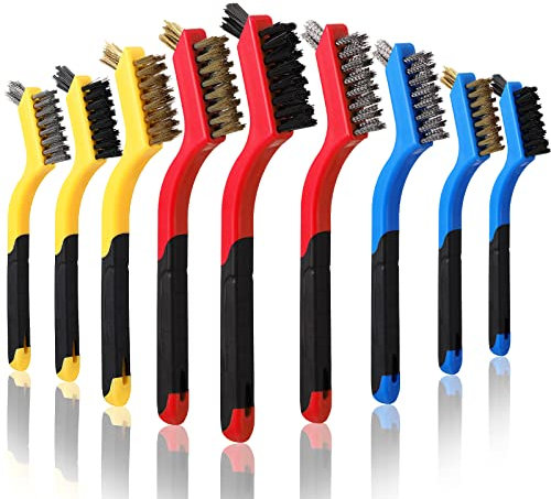 9 Pcs Wire Brush Set Nylon Brass Stainless Steel Bristles Paint Remover for Wood Rust Remover Nylon Brush with Curved Handle Grip Wire Cleaning Brush Scratch Brush for Rust Dirt Paint Removal Clean