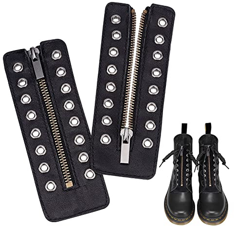 PandaHall Leather Lace-in Boot Zipper Inserts, 8 Eyelet Zipper No Tie Zipper Boot Laces Smooth Tieless Shoe Laces for Boots Shoes Sneakers Sports Shoes Adults Men Women, Black, 6.5x2.4 inch