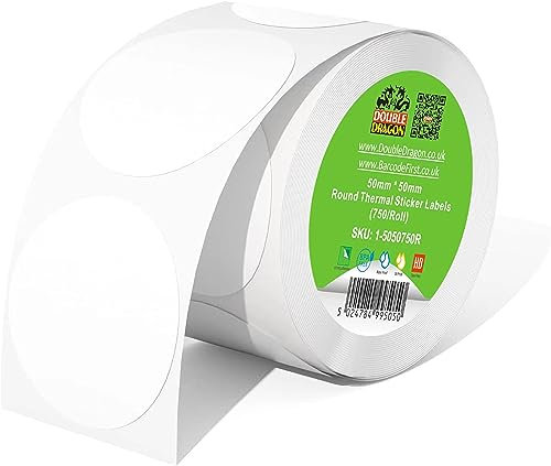 Double Dragon, 750 Premium beschichtete Direkt-Thermo-Runde Etiketten, 50mm x 50mm, selbstklebend, kompatibel mit Zebra, MUNBYN, Rollo, TSC, Toshiba, Citizen, Direkt-Thermo-Etikettendruckern GK420d