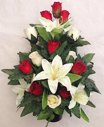 Grave Pot Arrangement Artificial Rose Lily Silk Flower Flat Back Memorial 14