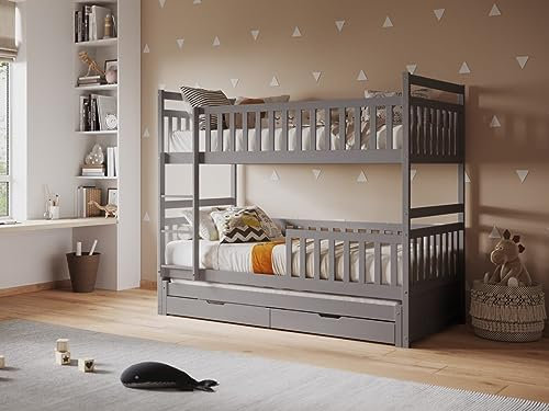 Flair Furnishings - Triple Bunk Beds for Kids, Trundle Bed with Drawers, Heavy Duty and Sturdy, Cosy, Stylish, Space Saving Design (Grey)
