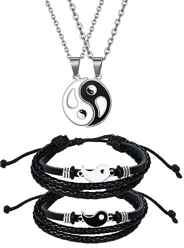 Flongo Yin Yang Partnerarmbänder Partner Ketten Set - 2 silber Edelstahl Paar Halsketten mit Tai chi Puzzle Anhänger und 2 geflochten Seil Leder Paare Armbänder verstellbar geschenk für Bff Freundin