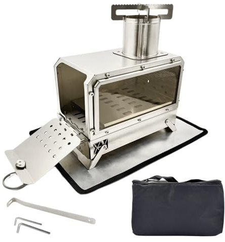 Ruime Stufa a legna da campeggio in acciaio inox con finestre in vetro, camino esterno portatile, per cucinare, riscaldare, campeggio, riparo, 27 x 29 x 14 cm, 3,85 kg, CHL004