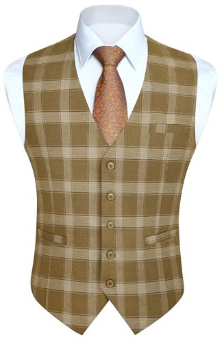 HISDERN Anzug Weste Herren Kariert Weste Plaid Tweed Westeherren für Hochzeit Business Gelb/Champagner L