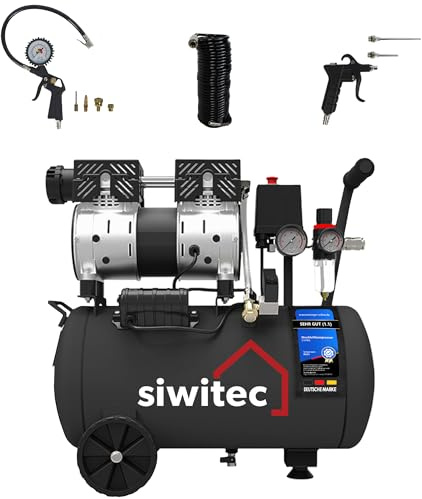 siwitec Kompressor SK-750 inkl. 10 m Druckluftschlauch, Druckluftpistole mit 2 Verlängerungstücken und Reifenfüller mit 4 Adaptern | 750 W, 24 L, max. 8 bar, 67 dB, 126 l/min Ansaugleistung | ölfrei