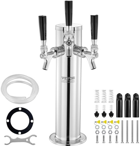 VEVOR Kit Colonne à Bière Pression à Trois Robinets, Distributeur de Bière Boisson en Acier Inoxydable, Tireuse à Bière avec Tubes Pré-assemblés et Tiges de Robinet à Fermeture Automatique, Bar