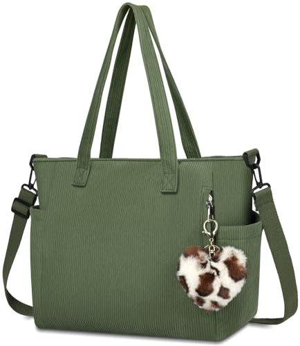 Aucuu Bolso de Mano de Pana, Tote Bag para Mujer, Bolso de la Compra con Cremallera, Bolso de Hombro Grande con Correa de Hombro Desmontable para Compras Colegio Trabajar Viajar Verde