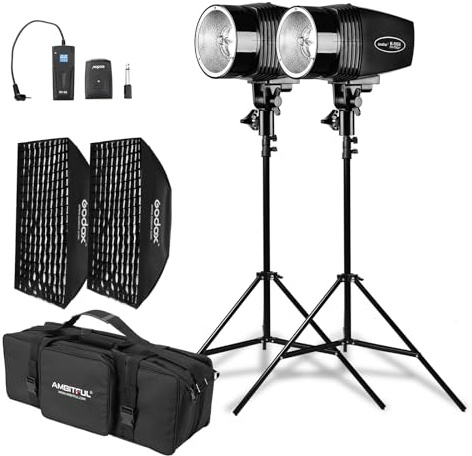Godox 2X K-180A Strobe Light Kit, 180Ws Studio Strobe Light Kit for Photography,5600K Compact Monolights with RT-16 Trigger, Softbox, Tripod Stands, Storage Bag