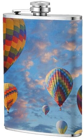 Hot Air Balloons Printed Personalized Flask 304 Stainless Steel 8oz Flask - Premium Pu Leather Case, Pocket Flagon Outdoor Sports Flat Liquor Flask