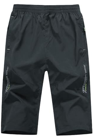 Pantalones cortos de verano para hombre, de 3/4 de longitud, informales, para gimnasio, correr, entrenamiento, pantalones cortos debajo de la rodilla, cintura elástica, bolsillos con cremallera