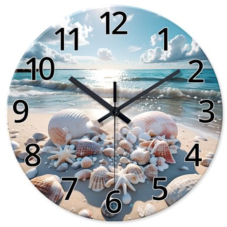 XNM Analog Blue Beach Wall Clocks for Living Room Coastal Sea Shell Wall Clocks Battery Operated 12 Inch Modern Round Glass Wall Clock Non Ticking