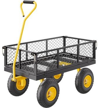 VEVOR Carrito Resistente de Jardín de Acero de 1700 x 480 x 515 mm con Neumáticos de 10, Laterales de Malla Extraíbles y Manija Giratoria de 180°, Capacidad de Carga de 226,80 kg, Amarillo y Negro