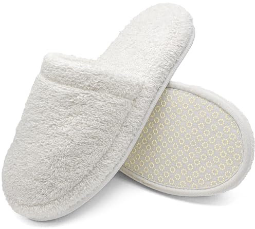 jazzylab Pantoufles de bain en éponge – Chaussons invités en coton avec mousse à mémoire, antidérapants, lavables – Pour hôtel, spa, sauna – Blanc, 43-46, WH-2