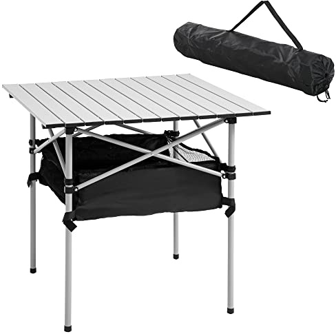 Outsunny Mesa de Camping Plegable Mesa Plegable Portátil Multifuncional con Espacio Almacenaje de Malla y Bolsa de Transporte para Jardín Balcón Patio Exterior 70x70x69 cm Plata
