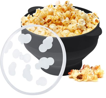 Popcorn in silicone per microonde con manici, ciotola pieghevole per popcorn, capacità 15 tazze, lavabile in lavastoviglie, senza BPA, resistente al calore, ideale per serate di film in famiglia (nero