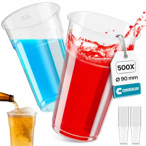 Commerline engångsplastmugg 400 ml, förpackning med 500 | Tillverkad av transparent polypropen (PP), robust, livsmedelssäker, perfekt som festkopp, vattenkopp, utsänkningskopp, 400 ml