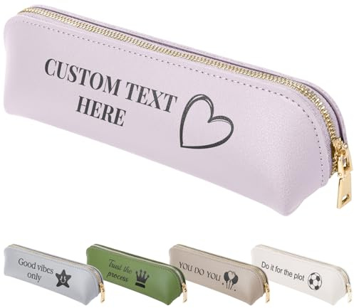 Fyore Bulk Custom Personalised Leather Pencil Case with Icon Text - Slim Pen Bag with Metallic Zipper for Students & Office