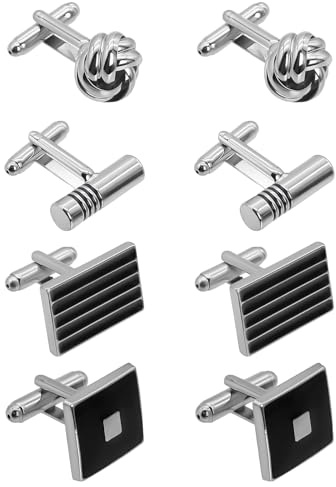 Cufflinks for Men 4 Pair, Personalised Classic Cuff Links set for Suit Shirt Fashion Elegant Round Square Rectangle Cufflink for Wedding Business Party Graduation Gift (Silver&Black)
