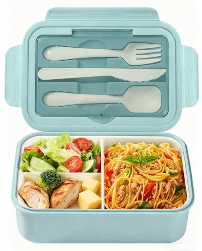 Diboniur Porta Pranzo, 1400ml Lunch Box con Posate, Schiscetta Pranzo Bambino Adulto Bento Box con 3 Scomparti, Schiscetta Contenitore Ermetico per Microonde Ufficio Lavoro Picnic (Azzurro)