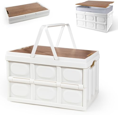 Caja plegable 30L blanca con tapa de madera, caja de almacenamiento plegable con asa, caja para camping, maletero, exterior y hogar