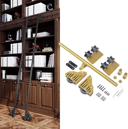 Heavy Du Skjutningsskena-kit, 1–7,3 m rullande stege, spårhårdvara för bibliotek och loft, boohelves slätt kolstål med golvrullhjul, enkelt inllat-system
