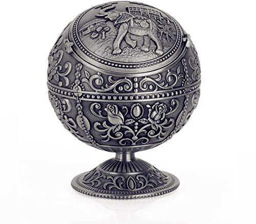 Vintage vindtät askfat med lock för cigarett metall bärbar cigarr askfat lukteliminator för inomhus- och utomhusbruk handstämplat mönster fin present för män kvinnor barn Lucky Elephant - Tin Color