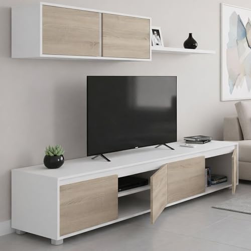 Dmora - Parete attrezzata Savannah, Mobile da soggiorno porta TV, Composizione set salotto, Set salotto con pensile, 200x41h43 cm, Bianco e Rovere