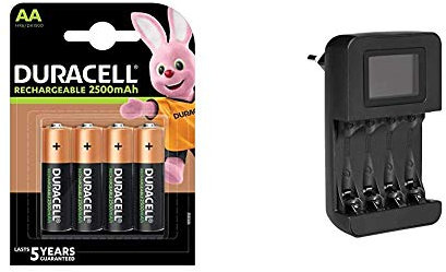 Duracell Rechargeable AA 2500 mAh Prericaricate, Batterie Stilo Ricaricabili 2500 mAh, Confezione da 4 & Amazon Basics - Caricabatteria digitale intelligente, per 4 batterie AA, AAA