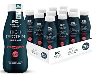 Kinetica Sports Ready-to-Drink High Protein Milkshake - Strawberry Flavour | 25g Protein/Bottle, 12 X 330ml Pack | High Protein, Low Fat & No Added Sugar |Convenient, high protein option for on-the-go