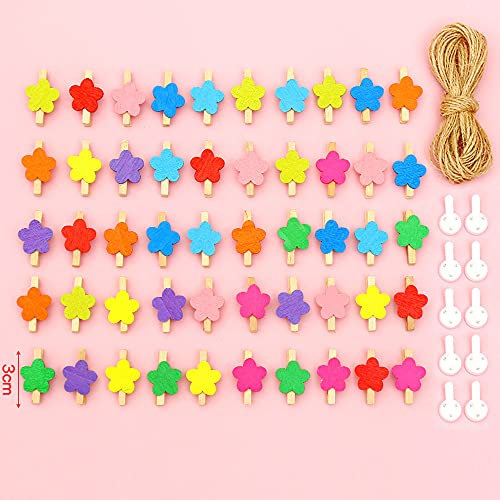 Pinzas de madera para la ropa, 50 mini pinzas de madera + 10 m de cuerda de yute, pinzas decorativas para fotos y manualidades, pinzas decorativas para cuerdas fotográficas, flores
