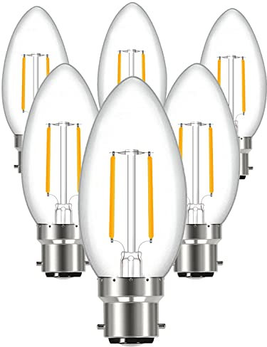 SINCELIGHT Vintage LED-Glühbirne mit B22-Sockel, Retro, B35 Klassische Kerzenform, Omnidirektionale, 4W, 470lm, Entspricht 40W, 2700K Warmweiß, 6er-Pack