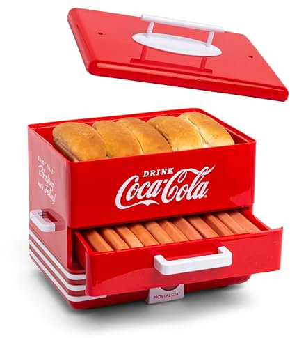 Nostalgia Extra Large Diner-Style Coca-Cola Hot Dog Steamer and Bun Warmer, 24 Hot Dog and 12 Bun Capacity, Steam Bratwursts, Sausages, Vegetables, Fish, Dumplings, Red