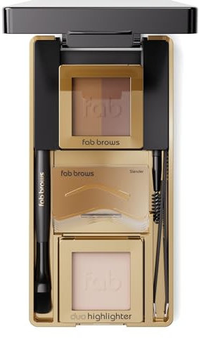 Fab Brows LUX Duo Stencil Eyebrow Kit - The Ultimate Brow Stencil Kit with Duo Brow Powder, Highlighter Powder, Stencil Shapes, Eyebrow Tools & Mirror - Eyebrow Stencil Kit Makeup - Light Brown/Medium