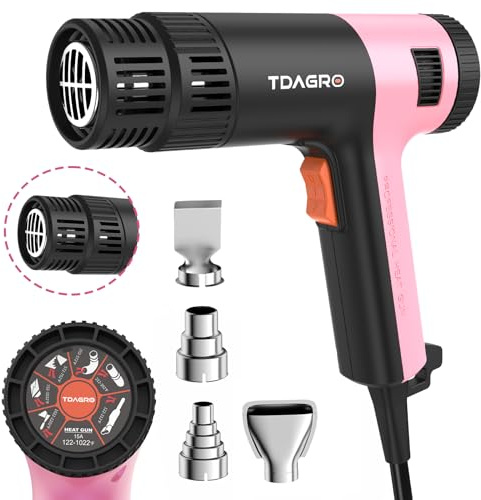 TDAGRO Heat Gun for crafting 1800W, 122℉~1202℉ Variable Temperature Control with 2-Temp Settings 4 Nozzles, 1.5s Fast Heating Mini Heat Gun for Resin, Shrink PVC Tubing/Crafts and Vinyl Wrap（Pink）