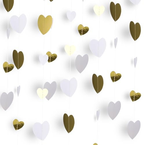 52 Ft Love Heart Garland Hanging Streamers, White and Gold Party Hanging Decorations for Wedding Engagement Birthday Bridal Shower Anniversary Valentine's Day Decorations