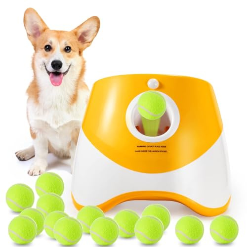 MEKAPLE Automatic Dog Ball Launcher, Dog Ball Thrower with 15 Mini Tennis Balls Sizing 2 Inch and Mesh Bag, Interactive Dogs Toys Tennis Balls Launcher for Small Dogs with 3 Distance Settings