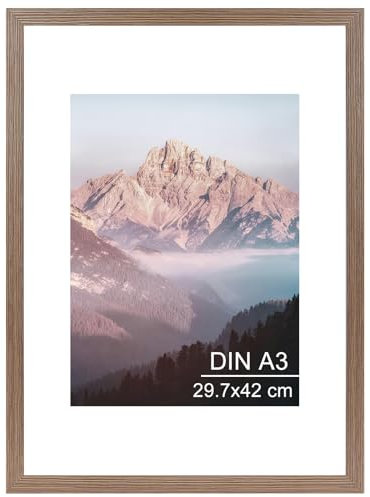 OMISHE Cornice portafoto A3, 29,7 x 42 cm, in legno massello marrone rustico, DIN A3, con passepartout A4 e custodia in plastica, cornice in legno A3, per parete e tavolo, marrone rustico, 1