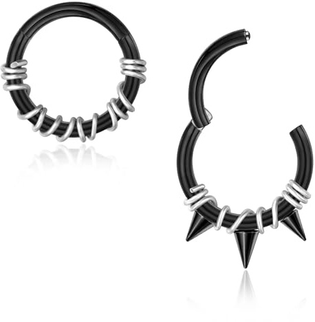 Lantine Lot de 2 piercings pour septum, 16 g, noir/acier, à charnière, segment, clicker, daith, en acier chirurgical, conch, tragus, rook, 8 mm, 10 mm, Innendurchmesser:8mm, Acier inoxydable